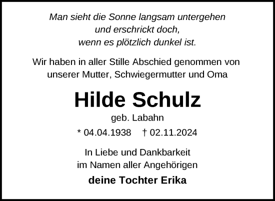 Traueranzeige von Hilde Schulz von Nordkurier Müritz-Zeitung