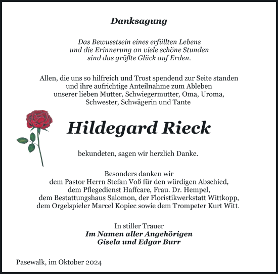 Traueranzeige von Hildegard Rieck von Nordkurier Pasewalker Zeitung