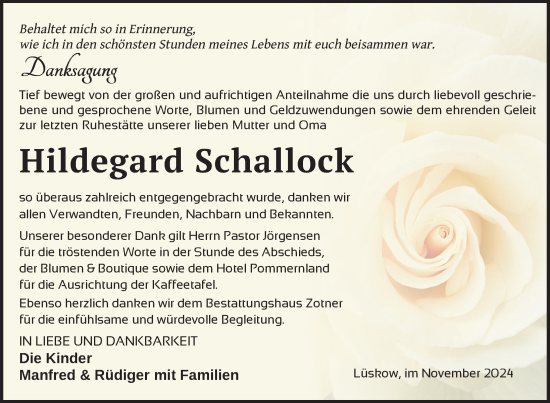 Traueranzeige von Hildegard Schallock von Nordkurier Vorpommern Kurier