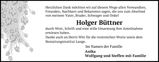 Traueranzeige von Holger Büttner von Anzeiger für Sternberg - Brüel - Warin