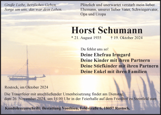 Traueranzeige von Horst Schumann von Norddeutsche Neueste Nachrichten