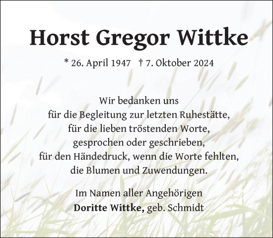 Traueranzeige von Horst Gregor Wittke von Zeitung für die Landeshauptstadt