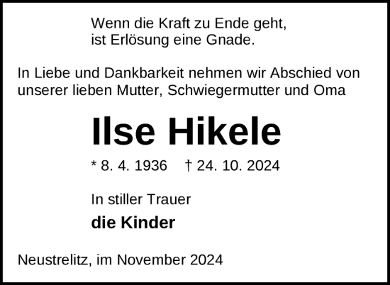 Traueranzeige von Ilse Hikele von Nordkurier Strelitzer Zeitung