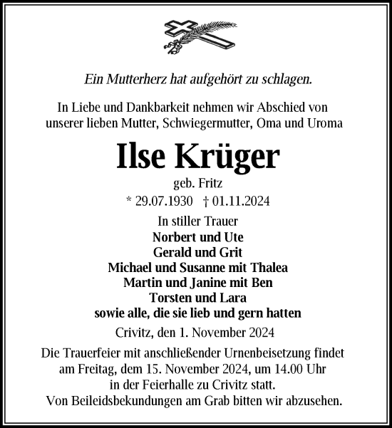 Traueranzeige von Ilse Krüger von Zeitung für die Landeshauptstadt