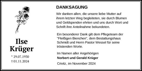 Traueranzeige von Ilse Krüger von Zeitung für die Landeshauptstadt