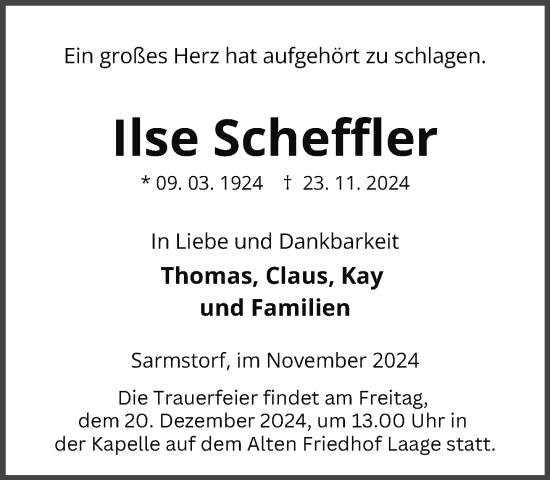 Traueranzeige von Ilse Scheffler von Güstrow und Bützow