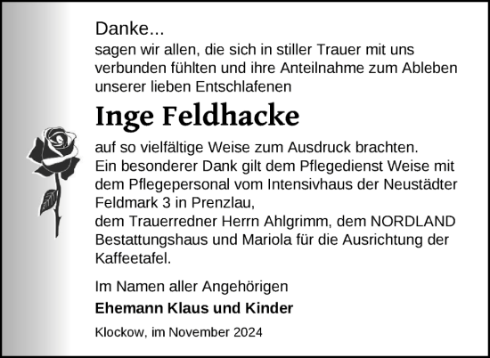 Traueranzeige von Inge Feldhacke von Uckermark Kurier Prenzlauer Zeitung