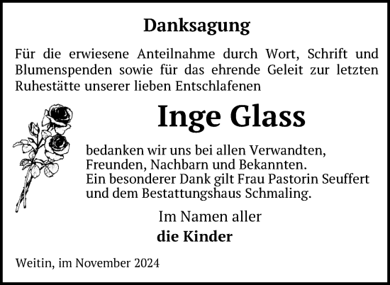 Traueranzeige von Inge Glass von Nordkurier Neubrandenburger Zeitung