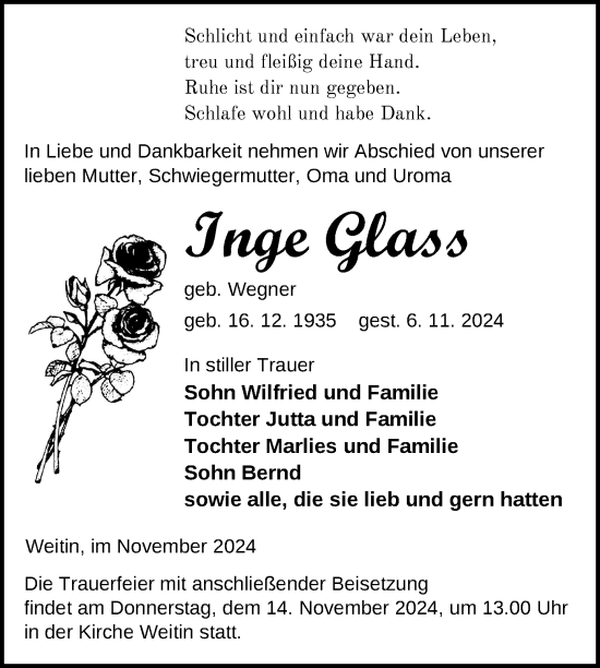 Traueranzeige von Inge Glass von Nordkurier Neubrandenburger Zeitung