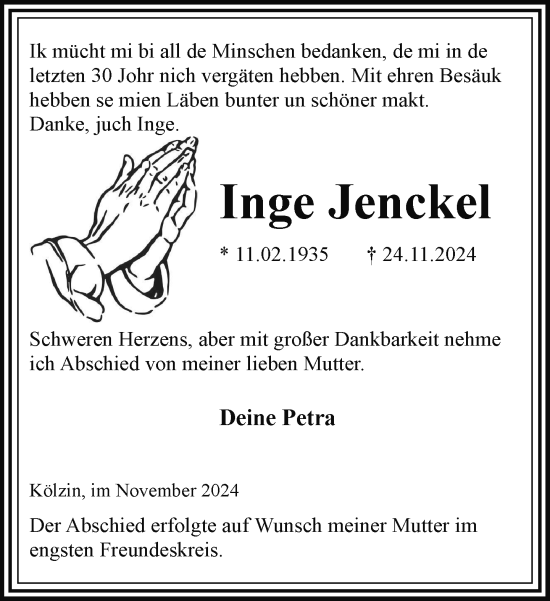 Traueranzeige von Inge Jenckel von Hagenower Kreisblatt