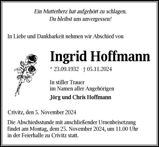 Traueranzeige von Ingrid Hoffmann von Zeitung für die Landeshauptstadt