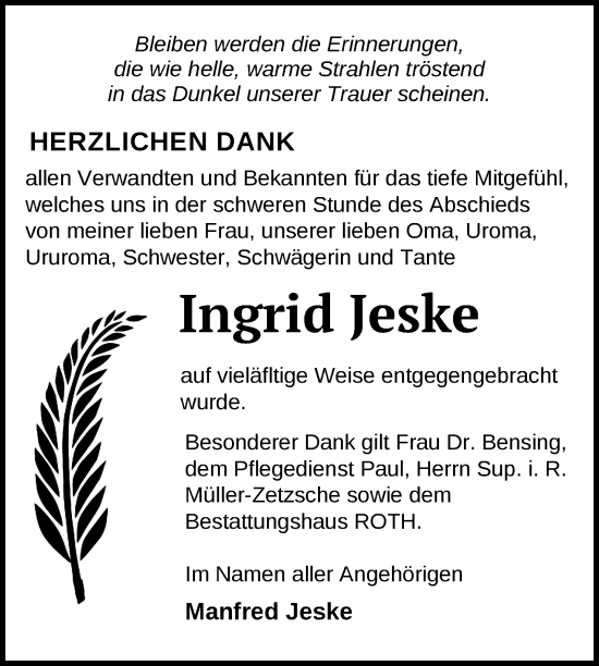 Traueranzeige von Ingrid Jeske von Uckermark Kurier Prenzlauer Zeitung