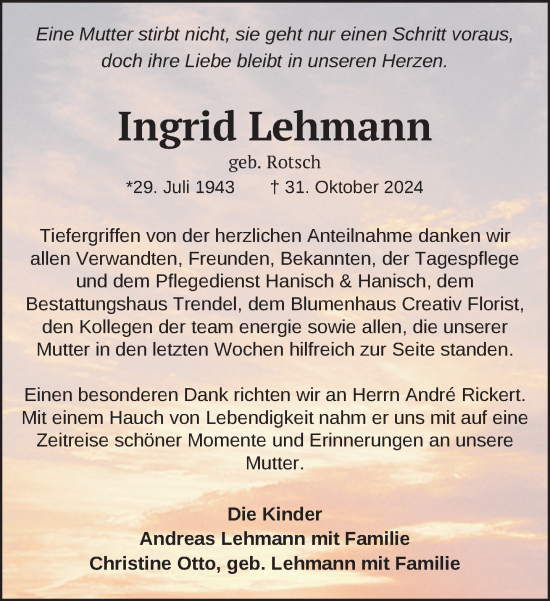 Traueranzeige von Ingrid Lehmann von Zeitung für die Landeshauptstadt