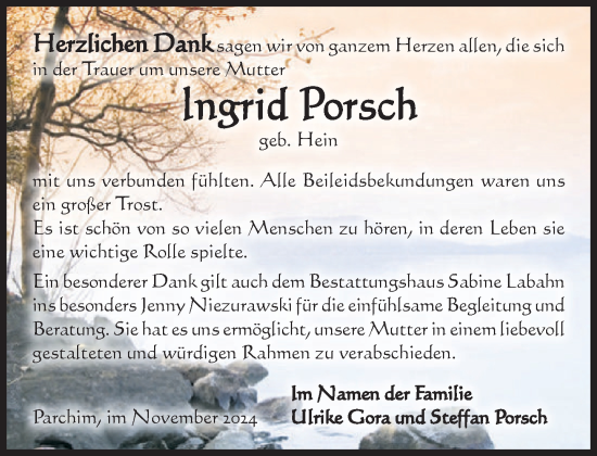 Traueranzeige von Ingrid Porsch von Parchim und Lübz