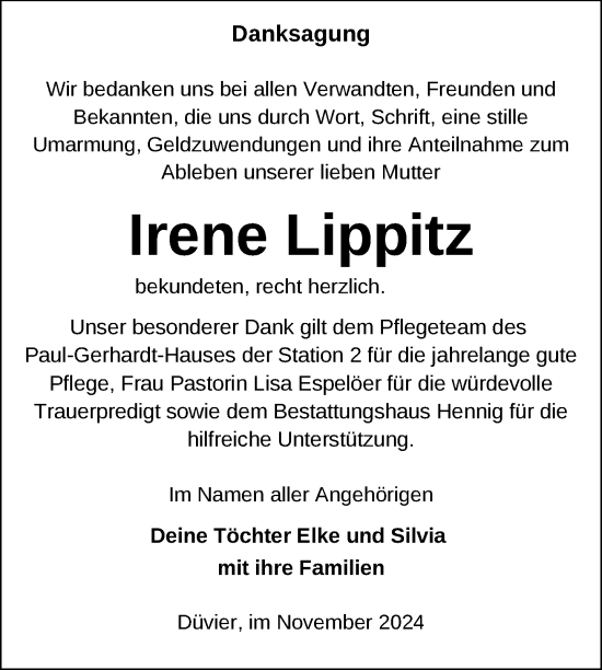 Traueranzeige von Irene Lippitz von Nordkurier Demminer Zeitung