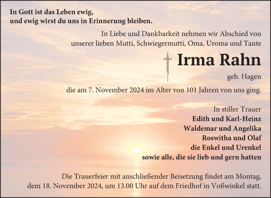 Traueranzeige von Irma Rahn von Nordkurier Strelitzer Zeitung