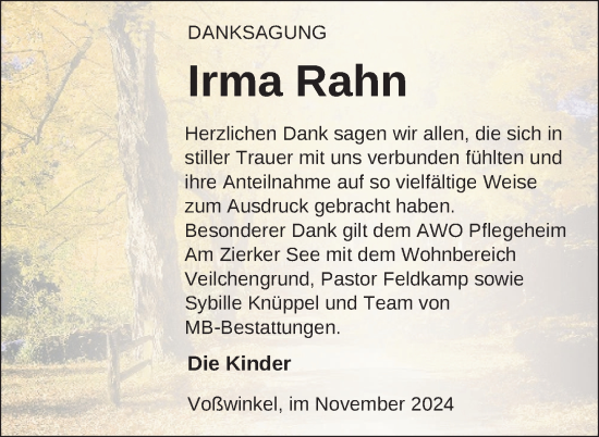 Traueranzeige von Irma Rahn von Nordkurier Strelitzer Zeitung