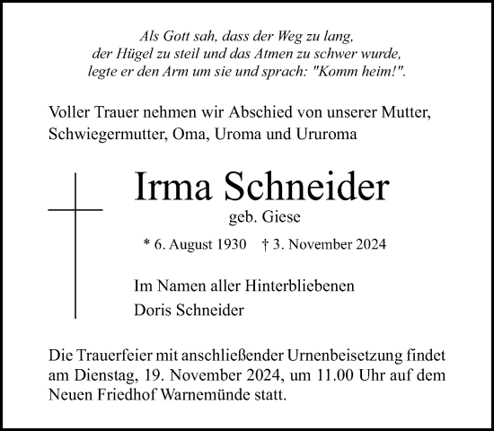 Traueranzeige von Irma Schneider von Norddeutsche Neueste Nachrichten