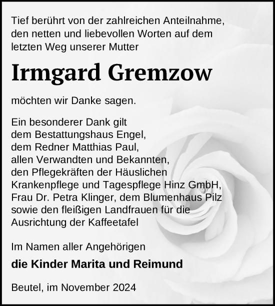 Traueranzeige von Irmgard Gremzow von Uckermark Kurier Templiner Zeitung