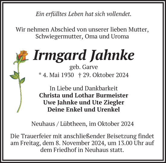 Traueranzeige von Irmgard Jahnke von Hagenower Kreisblatt