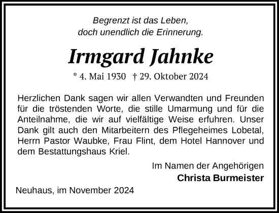 Traueranzeige von Irmgard Jahnke von Hagenower Kreisblatt