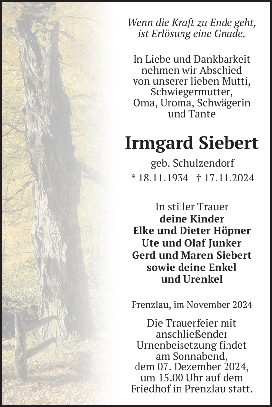 Traueranzeige von Irmgard Siebert von Uckermark Kurier Prenzlauer Zeitung