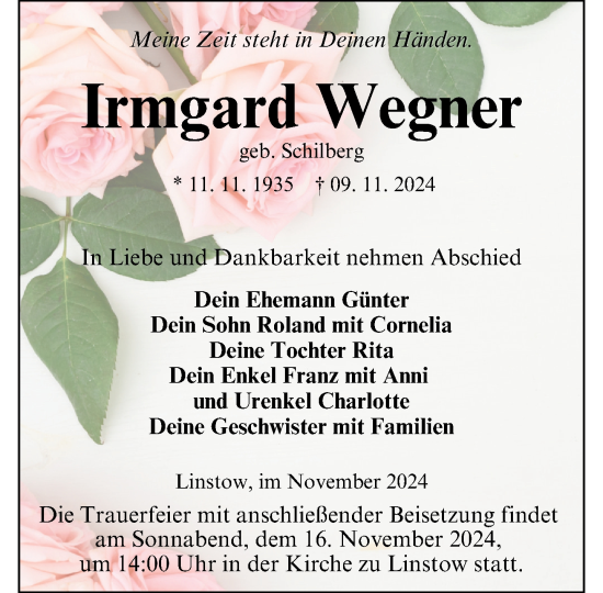 Traueranzeige von Irmgard Wegner von Güstrow und Bützow