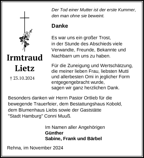 Traueranzeige von Irmtraud Lietz von Gadebusch - Rehnaer Zeitung