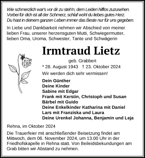 Traueranzeige von Irmtraud Lietz von Gadebusch - Rehnaer Zeitung