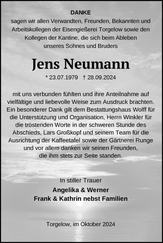 Traueranzeige von Jens Neumann von Nordkurier Haff-Zeitung