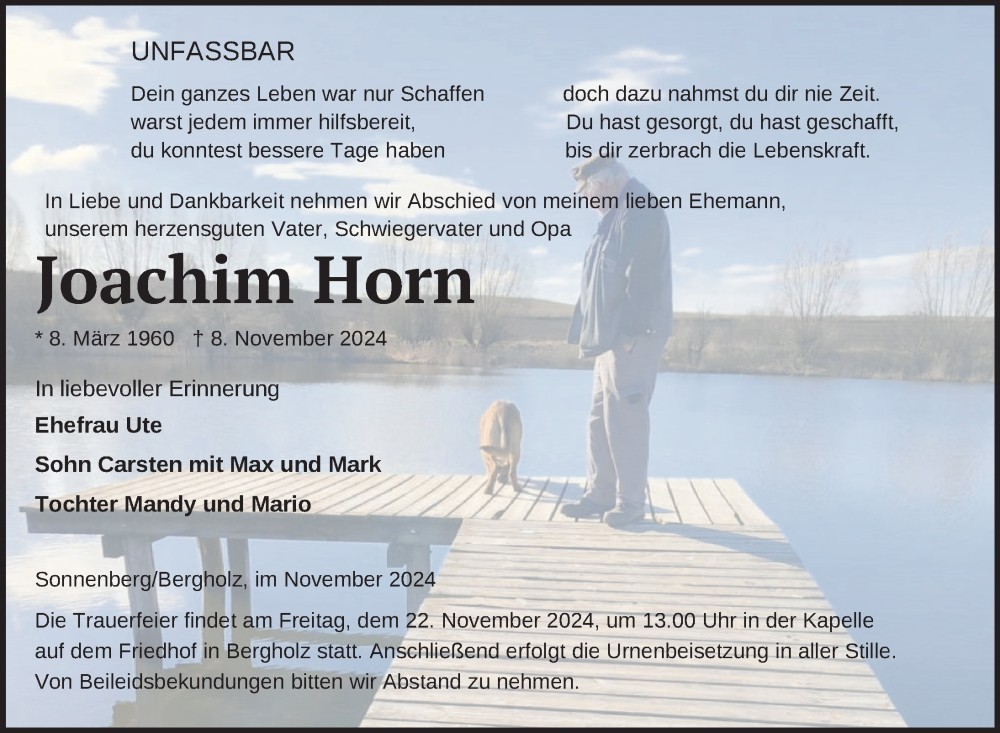  Traueranzeige für Joachim Horn vom 13.11.2024 aus Nordkurier Pasewalker Zeitung