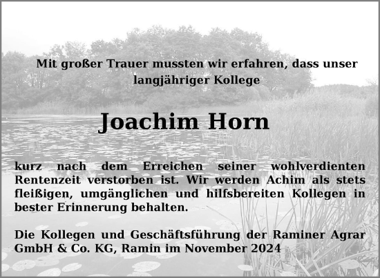 Traueranzeige von Joachim Horn von Nordkurier Pasewalker Zeitung