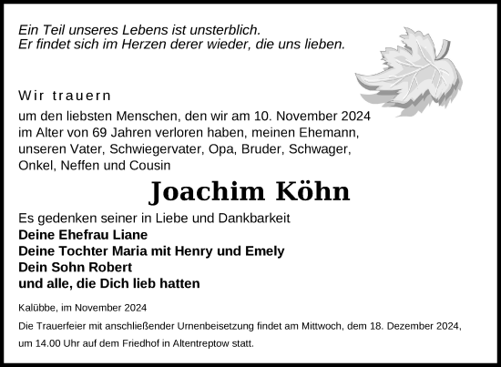 Traueranzeige von Joachim Köhn von Nordkurier Neubrandenburger Zeitung