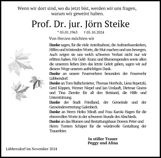 Traueranzeige von Jörn Steike von Nordkurier Neubrandenburger Zeitung