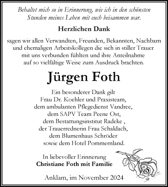 Traueranzeige von Jürgen Foth von Nordkurier Vorpommern Kurier