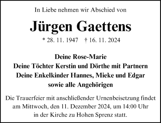 Traueranzeige von Jürgen Gaettens von Güstrow und Bützow