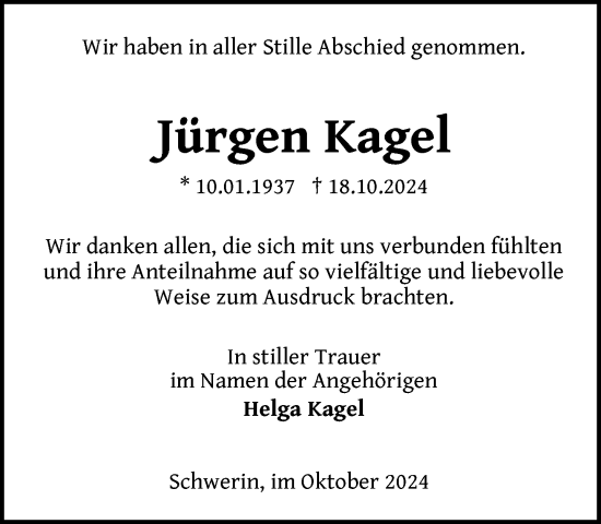 Traueranzeige von Jürgen Kagel von Zeitung für die Landeshauptstadt