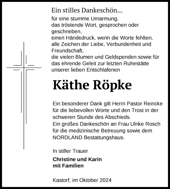 Traueranzeige von Käthe Röpke von Nordkurier Neubrandenburger Zeitung