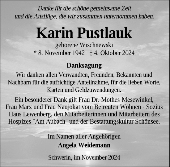 Traueranzeige von Karin Pustlauk von Zeitung für die Landeshauptstadt