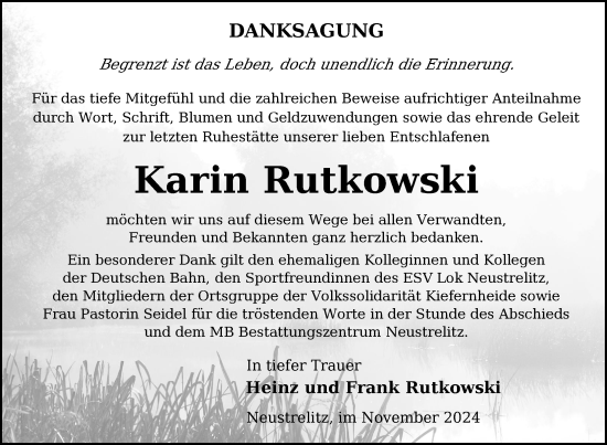 Traueranzeige von Karin Rutkowski von Nordkurier Strelitzer Zeitung