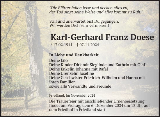 Traueranzeige von Karl-Gerhard Franz Doese von Nordkurier Neubrandenburger Zeitung