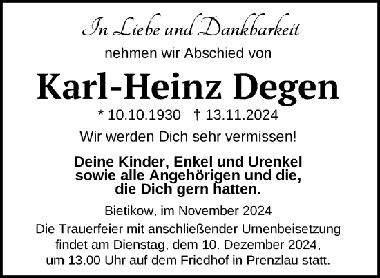 Traueranzeige von Karl-Heinz Degen von Uckermark Kurier Prenzlauer Zeitung