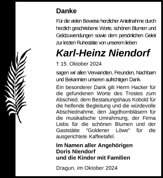 Traueranzeige von Karl-Heinz Niendorf von Gadebusch - Rehnaer Zeitung