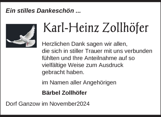 Traueranzeige von Karl-Heinz Zollhöfer von Gadebusch - Rehnaer Zeitung