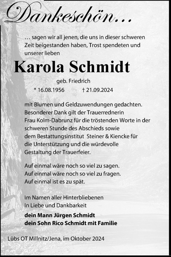 Traueranzeige von Karola Schmidt von Nordkurier Haff-Zeitung