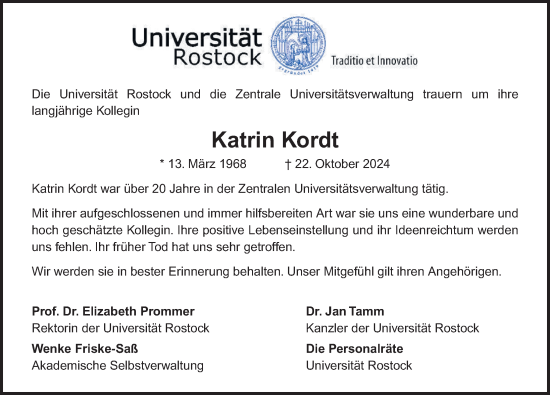 Traueranzeige von Katrin Kordt von Norddeutsche Neueste Nachrichten