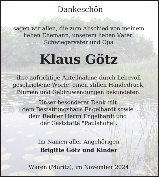 Traueranzeige von Klaus Götz von Nordkurier Müritz-Zeitung