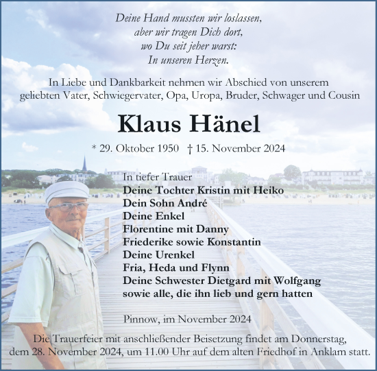 Traueranzeige von Klaus Hänel von Nordkurier Vorpommern Kurier