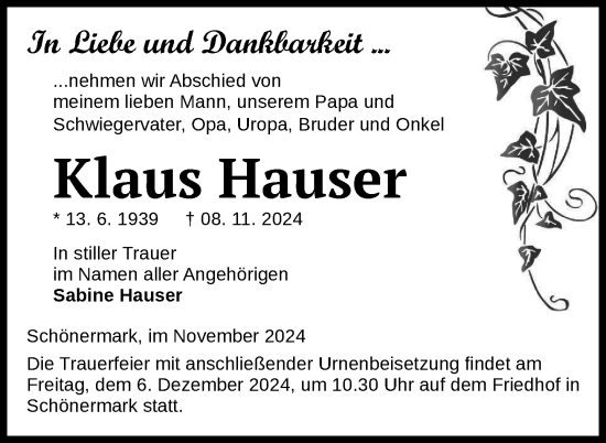 Traueranzeige von Klaus Hauser von Uckermark Kurier Prenzlauer Zeitung