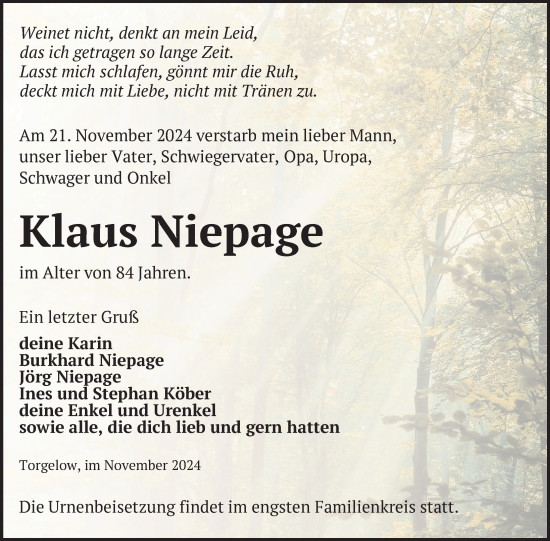 Traueranzeige von Klaus Niepage von Nordkurier Haff-Zeitung